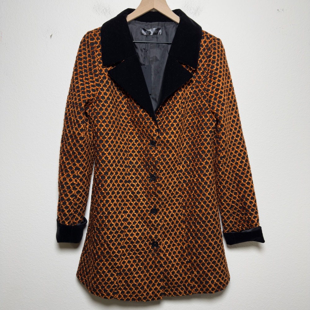 NEW Foxblood Women Suzy Coat Large Orange Black Geometric Velvet Trim Grunge 60s